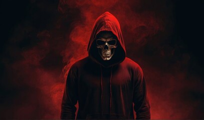 Fototapeta na wymiar Mysterious hooded figure with a skull face surrounded by red smoke on a dark background, concept of horror and fantasy