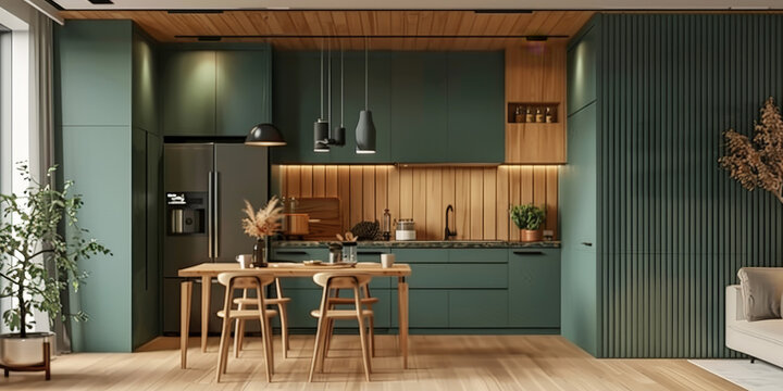minimalist kitchen with dark green cabinets and light wood accents, Scandinavian  interior gren kitchen, 