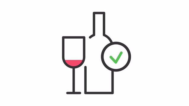 Alcohol allowed sign.Animated wine bottle and glass with green mark icon.Alco area animation.Alcohol control policy.Alcohol zone.High quality 4k footage with white alpha channel 3840 2160 25fps.