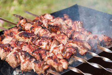 The meat is baked on a skewer on a skewer. Skewers background and texture. Delicious meat with skin.