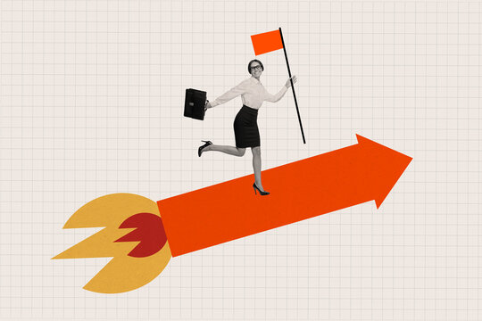 Composite photo collage of happy businesswoman fly rocket promotion development flag aim success up arrow isolated on painted background
