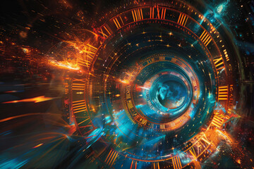 Vibrant abstract tunnel in space showcasing concept of relativity. Time-warp tunnel illustrating the impact of speed and gravity on the passage of time - obrazy, fototapety, plakaty