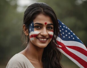 Young woman face portrait with the USA flag make up celebrating Independence Day 