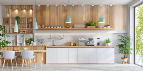 Obraz na płótnie Canvas Modern kitchen interior with white cabinets, light wood accents and green pendant lights. Scandinavian style