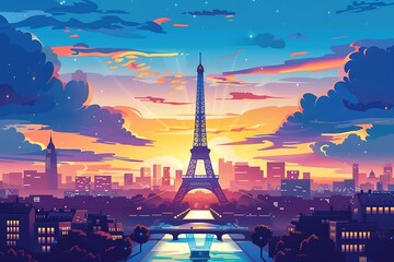 Paris city skyline at sunset - obrazy, fototapety, plakaty