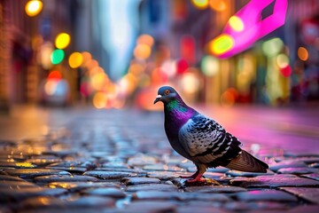 a bird standing on a cobblestone street