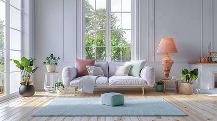 Comfortable and Modern Living Room with Sofa and Table Lamp - Bright and Cozy Interior Design