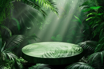 Minimalist blank podium in tropical forest for product presentation and green background