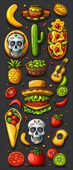 Traditional Mexican symbols: chili, sugar skull, taco and others. Illustrations for posters, banners, prints in honor of Mexican holidays