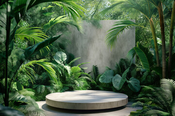 Obraz premium Minimalist blank podium in tropical forest for product presentation and green background