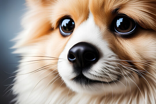 Macro shot of a fluffy pomeranian puppy, closeup of small dog's face, small breed pet, cute animal image 