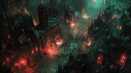 Mysterious Fog Enveloping a Neo-Gothic City at Night - obrazy, fototapety, plakaty