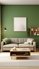 Modern living room interior with green walls wooden furniture and stylish decoration