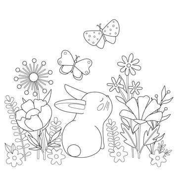 Cute rabbit among flowers and butterflies. Cartoon rabbit in nature. Simple childish coloring book. Kids vector illustration.