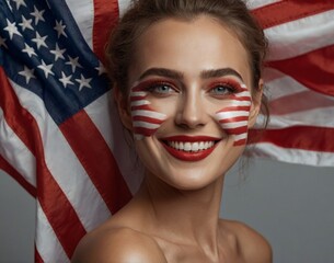 Young woman face portrait with the USA flag make up celebrating Independence Day 