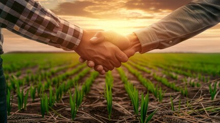 Workers shake hands against the background of a field sown with green shoots of young wheat.