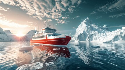 Red and White Research vessel moving by polar sea waters between huge icebergs mountains during long polar day. Climate change, Global warming and flora and fauna researching in polar zones concept. - obrazy, fototapety, plakaty