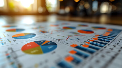 A close-up of Focused Business Analysis Concept with Colorful Pie Charts and strategy and market research Visualizations background