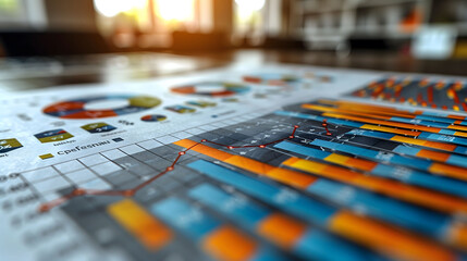 A close-up of Focused Business Analysis Concept with Colorful Pie Charts and strategy and market research Visualizations background - obrazy, fototapety, plakaty