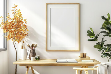 empty blank white  wood frame mockup, small wooden desk and chair, plant on the table in modern living room