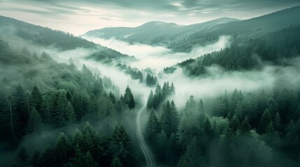 Aerial top view mountain road in dark green foggy forest