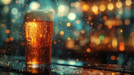 Foto op Canvas Close-up of a cold beer glass on a table with bokeh lights from the bars interior lights create a cozy and inviting atmosphere. © NaphakStudio