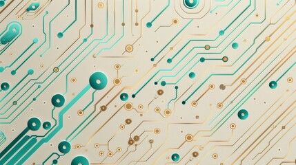Close-up of a circuit board with green and gold lines and circles. Abstract background of electronic circuitry. 3D rendering of a computer circuit board..