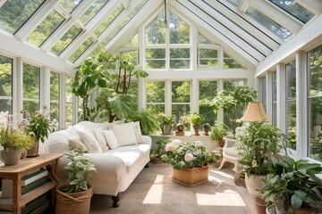 Fototapeta na wymiar Indoor Oasis: Lush Greenery in a Sunlit Sunroom