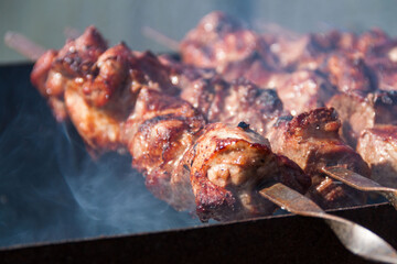 Shish kebab The meat is cooked on fire. Homemade barbecue