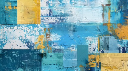 Abstract canvas art with layered textures in blue and gold paint strokes..