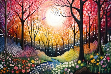 colorful park forest landscape in spring illustration