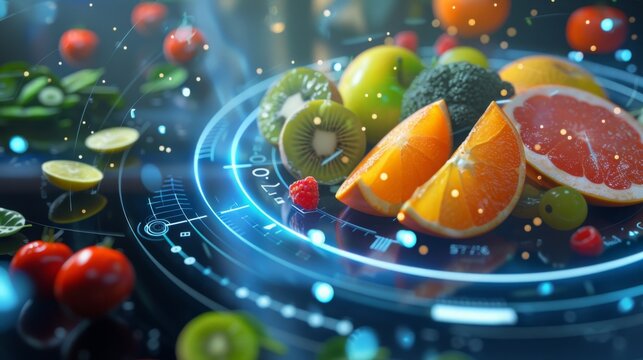 Futuristic Concept of Nutritional Analysis With Fruits and Holograms