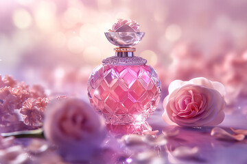 Luxury Pink Perfume Bottle with Crystal Top and Floral Surroundings. Elegant Fragrance Container with Roses on a Dreamy Pink Background