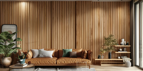 Fototapeta na wymiar A wooden wall paneling design in the living room, with natural wood grain and leather sofa, midern interior living room