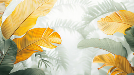 Green or yellow Leaves and white background with copy space Vintage Style. Flatlay, top view, minimal layout, summer concept