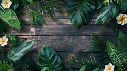 Tropical green leaves for decoration of art frame wallpaper, card on wooden background. empty wooden wall with tropical botanical house plant around. Copy space for text. 