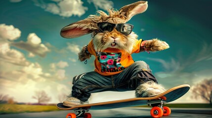 Punk Bunny skater on a skateboard 3D - obrazy, fototapety, plakaty