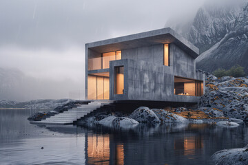 Front view of modern designed concrete residential house in western Norway.