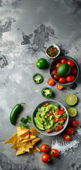 A bowl with guacamole on a stone background, around the bowl there are avocados, green lime, salt, jalapeños, tomatoes and nachos. Empty space for copyspace