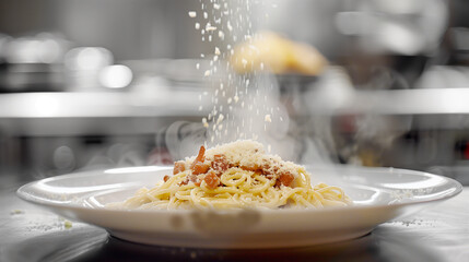 In this cozy environment, a plate of freshly prepared pasta carbonara is adorned with melted cheese, crispy bacon, and fragrant herbs, offering a delightful dining experience. - obrazy, fototapety, plakaty