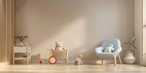 A minimalist and simple children's room wall background with a small toy cart on the floor, 