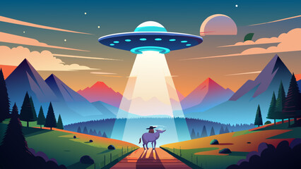 UFO kidnapping cow vector illustration - obrazy, fototapety, plakaty