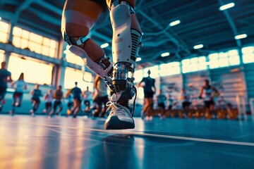 A man using a bionic prosthetic leg during physical activity in a gym surrounded by other people. - obrazy, fototapety, plakaty
