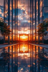 Realistic 3D ray tracing scene of a glass building reflecting the sunset