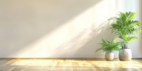empty room with  plant , sunlight and  wooden floor on beige wall background , 