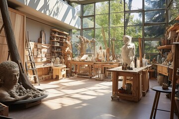Artistic Sculptor's Inspirational Studio: Spacious Area, Natural Light, and Tools Displayed