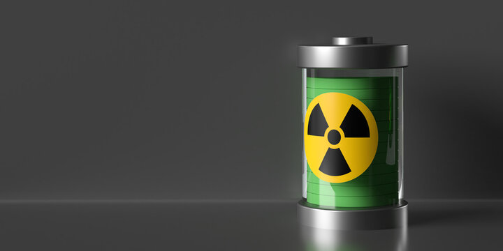 Nuclear battery with radiation sign on dark background, copy space. Atomic fuel recharging. Infinite energy concept. Symbol design on 3D rendered horizontal composition.