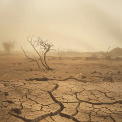 The dramatic scorching arid landscape of drought land with cracks and dust, global warming. - obrazy, fototapety, plakaty