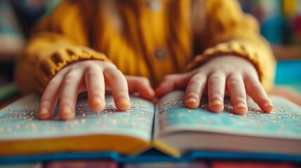 Blind child reading book written in Braille, closeup