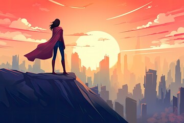 Naklejka premium hero woman with cape stand on a cliff illustration